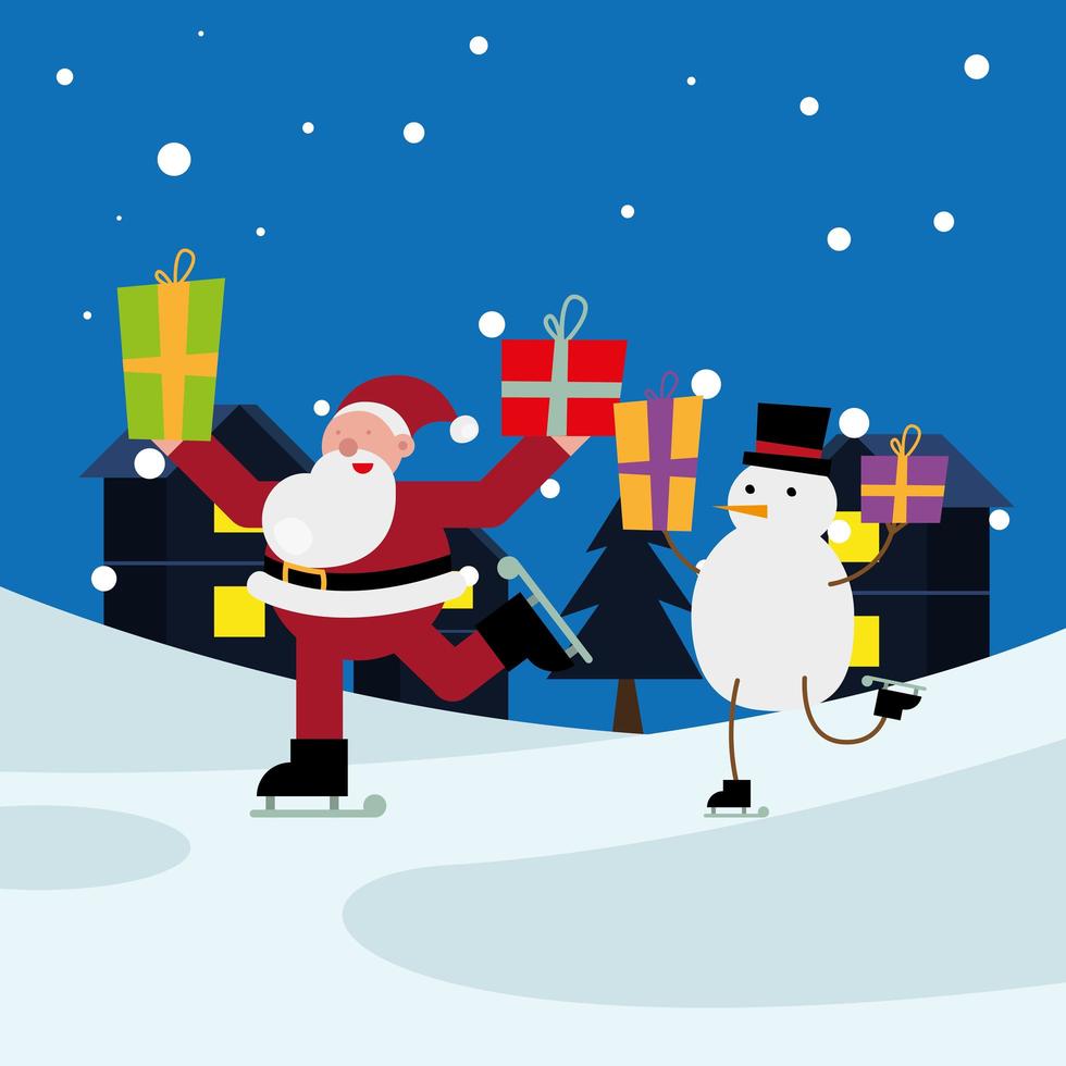 Kerstman en sneeuwpop met cadeautjes in skates vector