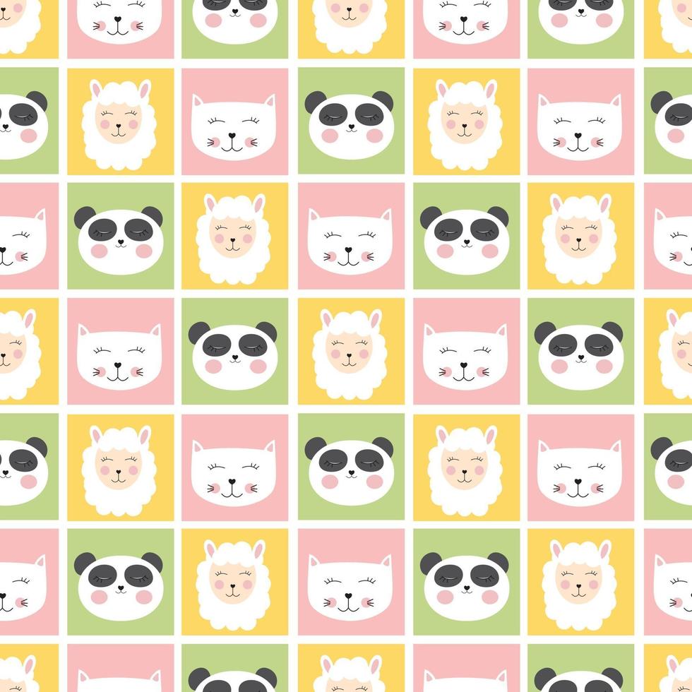 schattig naadloos patroon met dieren panda, kat en schaap voor kinderen, kind achtergrond. vector illustratie