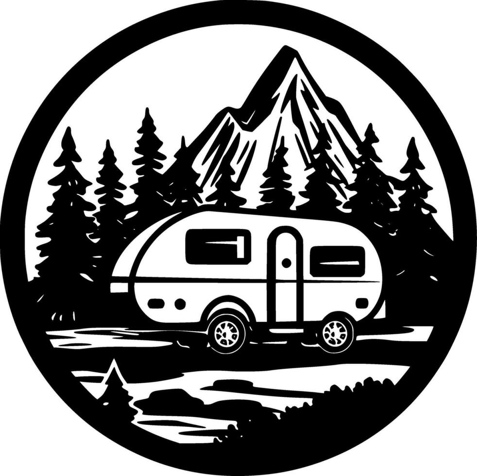 camping, zwart en wit vector illustratie