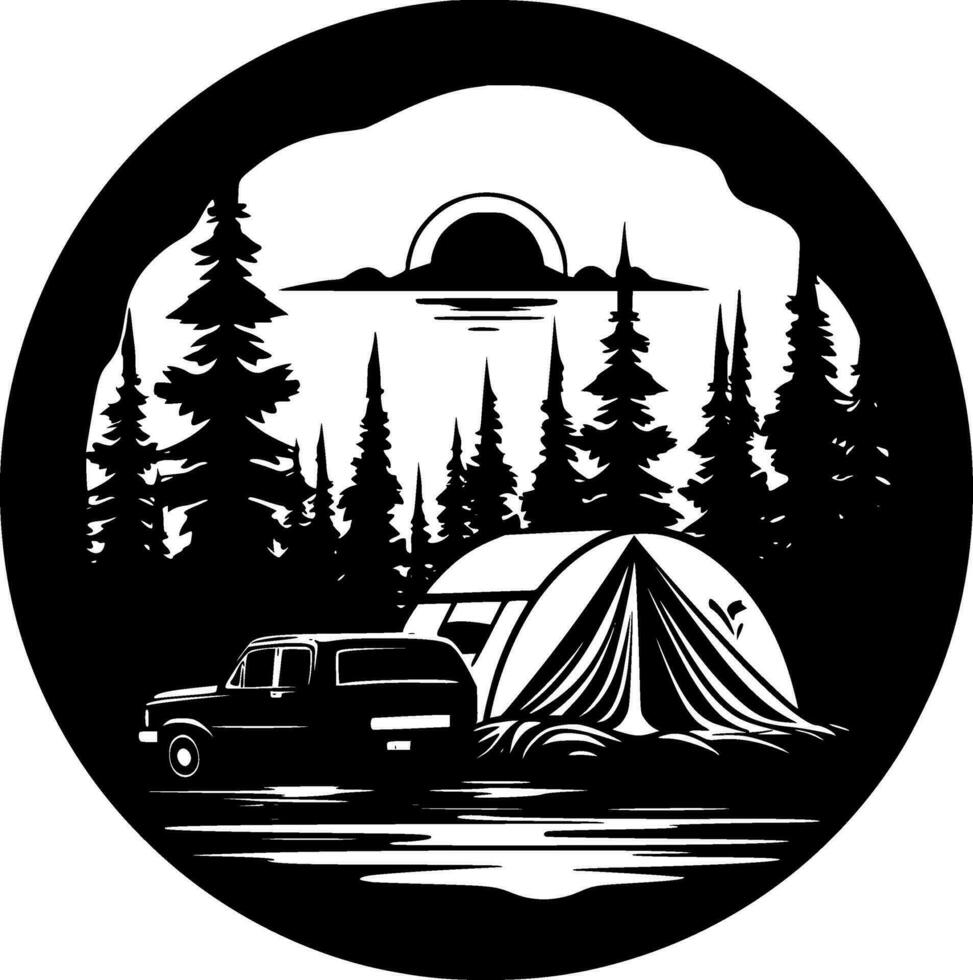 camping, zwart en wit vector illustratie