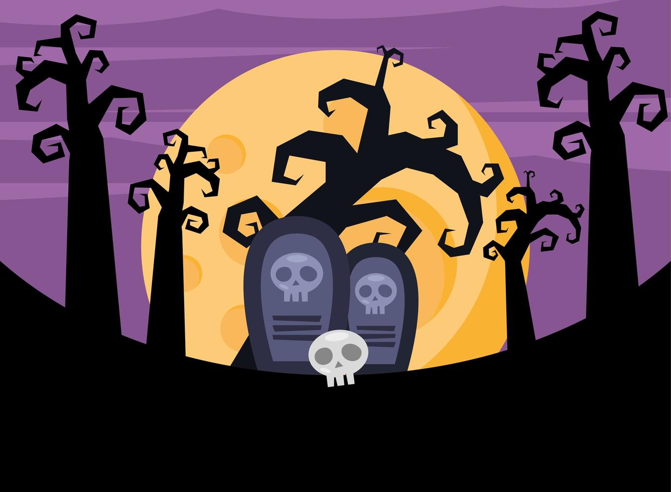 happy halloween-kaart met begraafplaats bij nachtscène vector