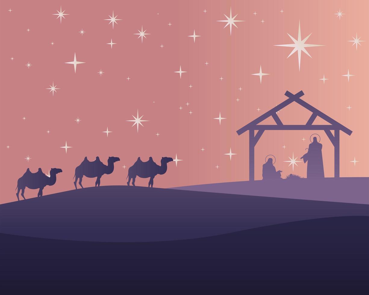 gelukkige vrolijke kerstkaart met heilige familie en kamelen in stabiele silhouetscène vector