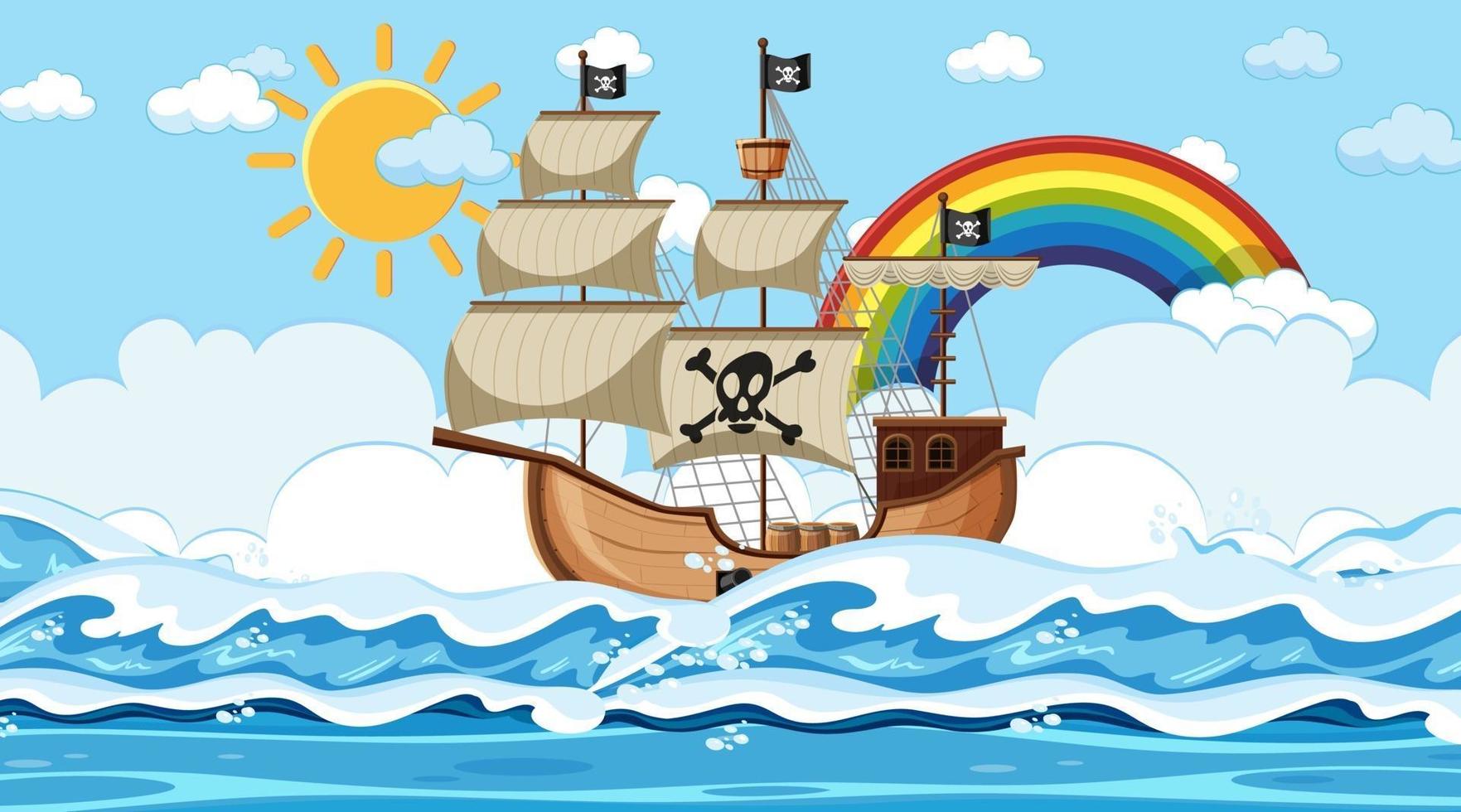 oceaanscène overdag met piratenschip in cartoonstijl vector