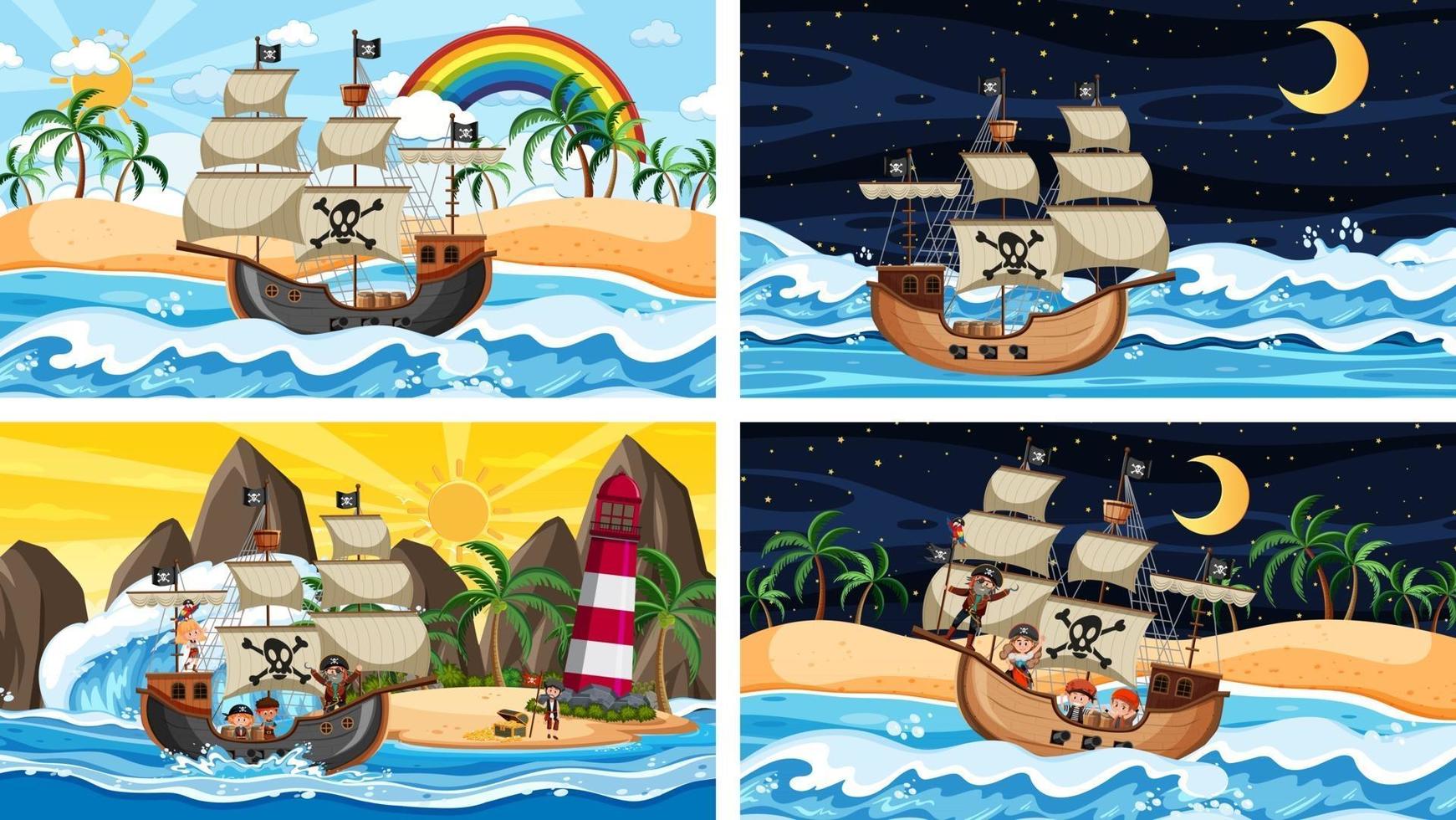 set van verschillende strandtaferelen met piratenschip en piraat stripfiguur vector