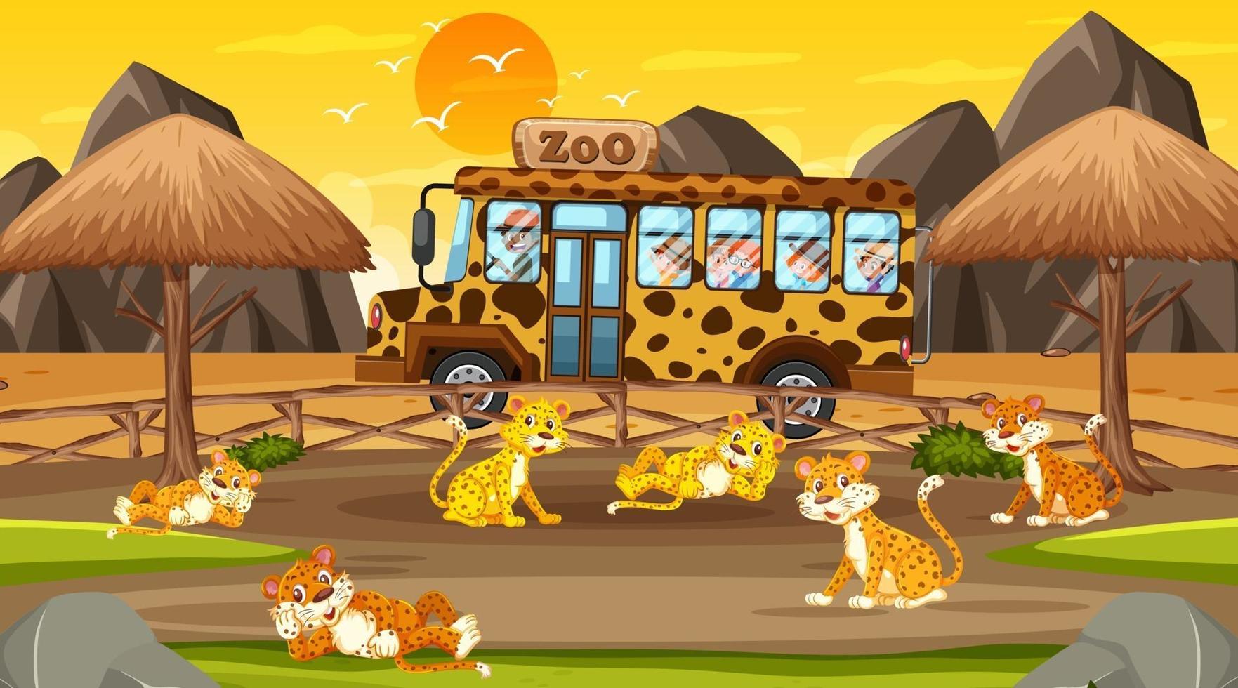 safari bij zonsondergang met veel kinderen die naar de luipaardgroep kijken vector