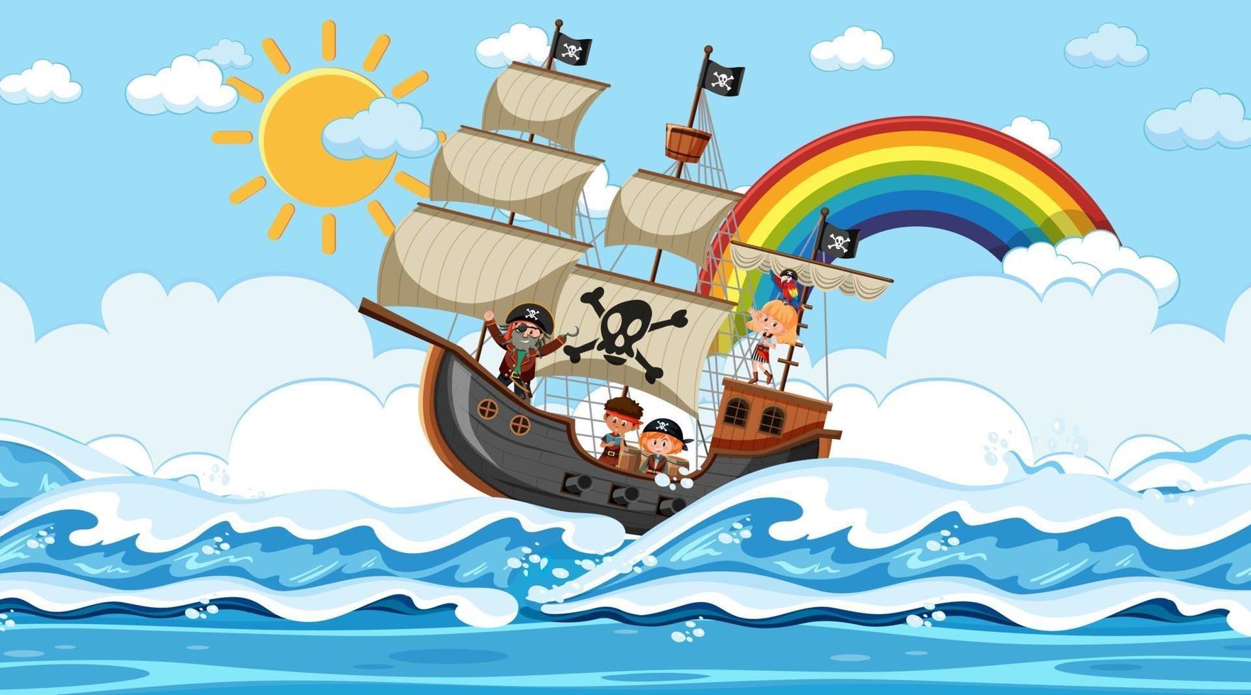 strand met piratenschip overdag in cartoon-stijl vector