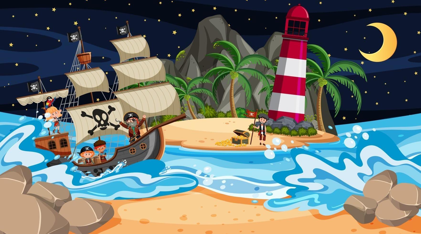 strand met piratenschip bij nachtscène in cartoon-stijl vector
