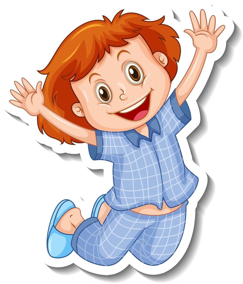 stickersjabloon met een meisje draagt een geïsoleerde stripfiguur in pyjama vector