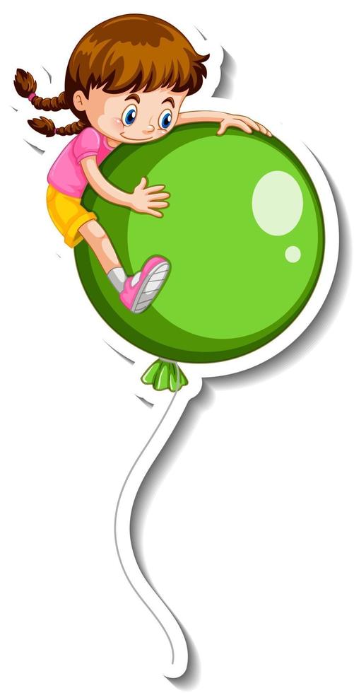 stickersjabloon met een meisje dat vliegt met veel ballonnen geïsoleerd vector