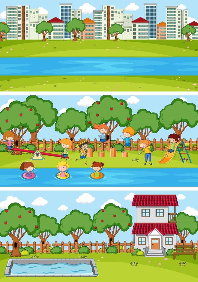 set van verschillende horizontale scènes achtergrond met doodle kinderen stripfiguur vector