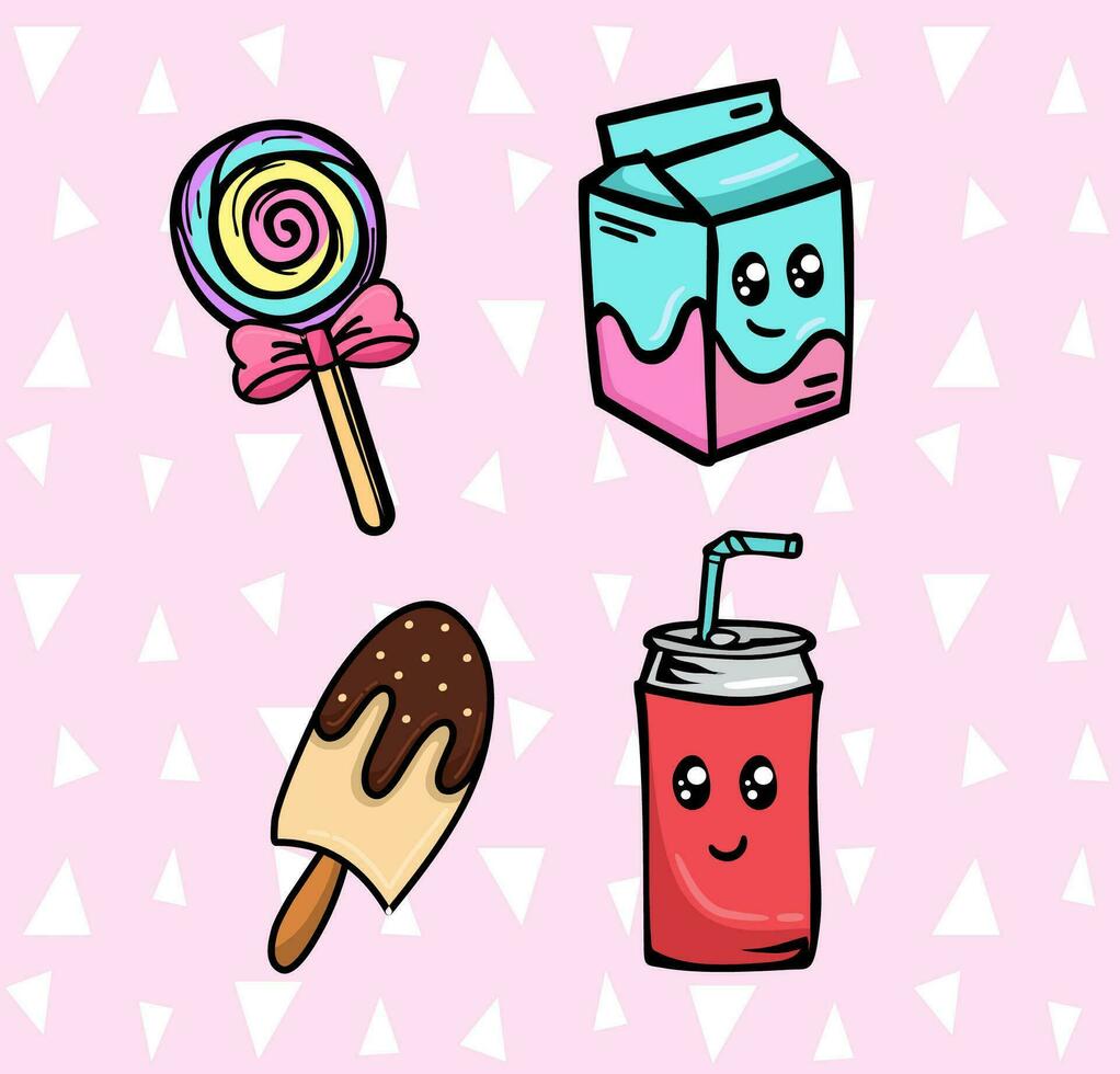 schattig voedingsmiddelen stijl items reeks van Frisdrank, ijslolly, lolly en melk tekenfilm vector