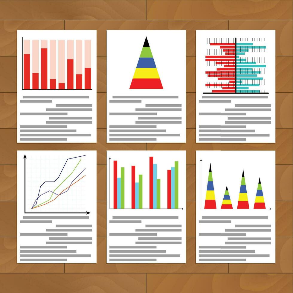 financieel papier Aan houten tafel. statistieken financiën economie, vector illustratie