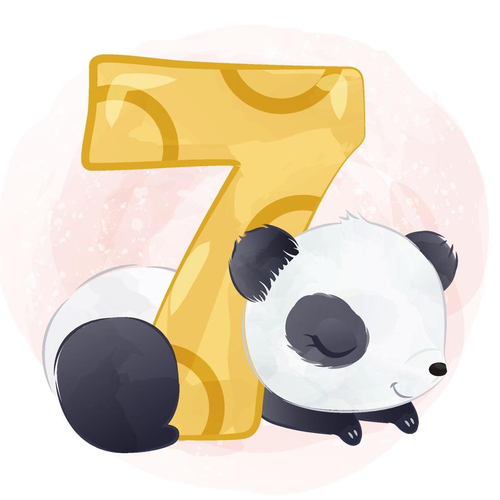 schattige panda met nummer in aquarelillustratie vector
