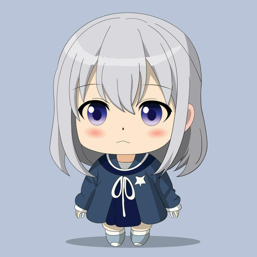 schattig chibi anime karakter met wit haar- en blauw ogen vector