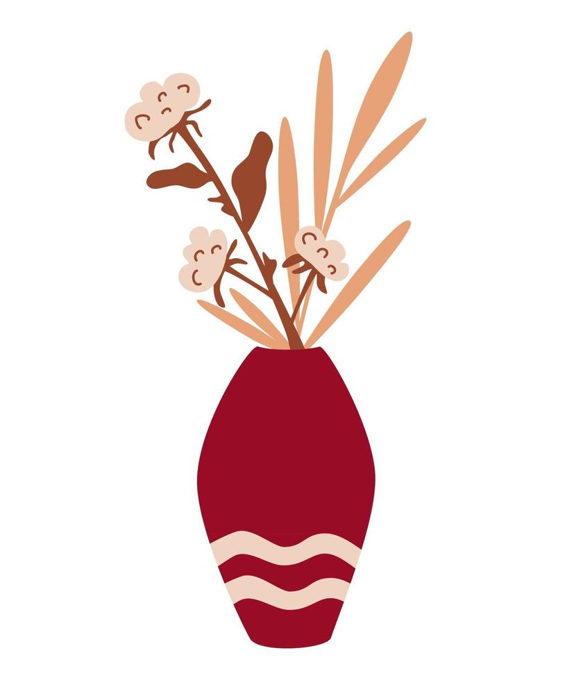 katoen bloemen in een vaas herfst boeket. droogbloemen en katoen in een minimalistische trendy stijl. huisdecoratie. vectorillustratie voor print t-shirts, kaarten, posters, sociale media vector