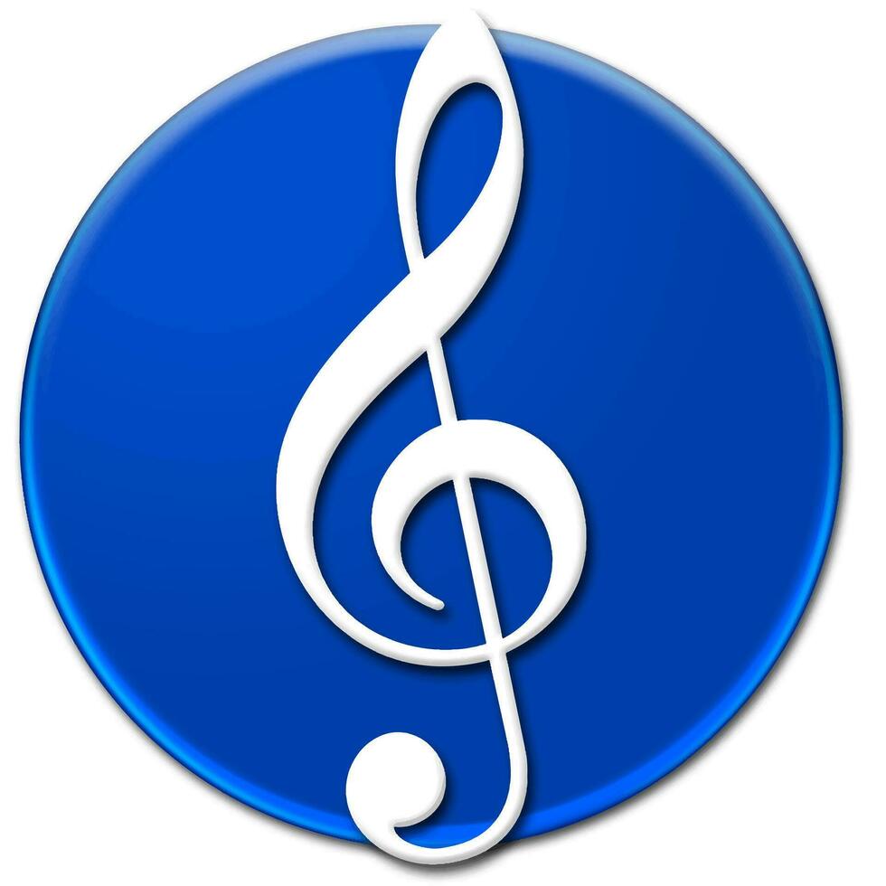 wit treble sleutel teken Aan een blauw glazig knop geïsoleerd over- wit achtergrond, muziek- icoon vector illustratie