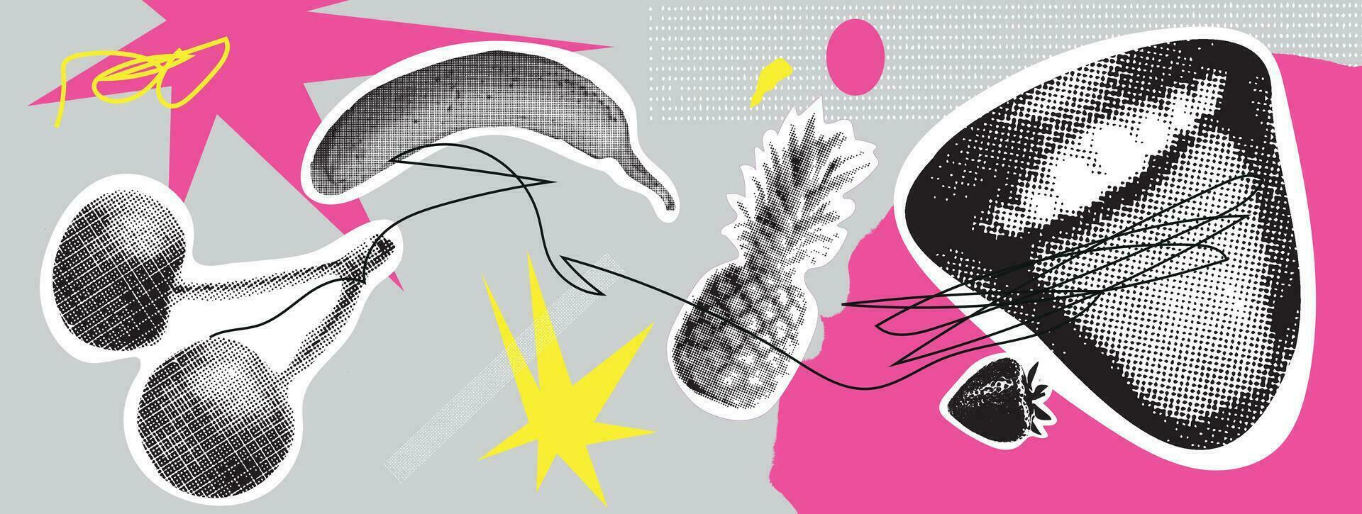 collage met mond, bessen, fruit en abstract vormen met textuur. minimalistische illustratie. elegant samenstelling met cirkels en halftone effect. vector spandoek.