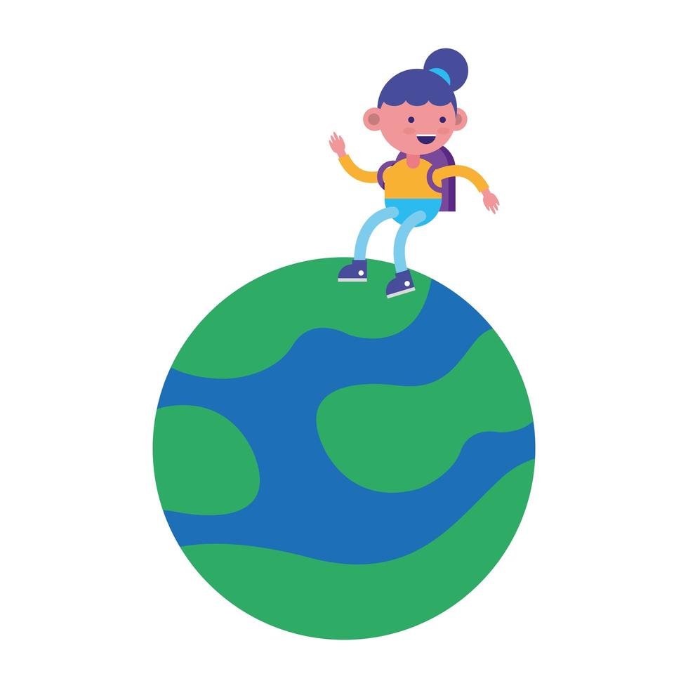 klein studentenmeisje dat in het stripfiguur van de planeet vliegt vector