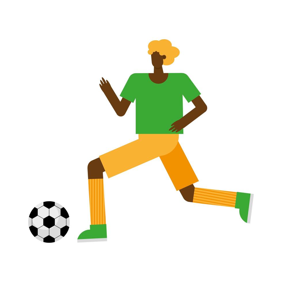 jonge afro-man die voetbal speelt en activiteitskarakter beoefent vector