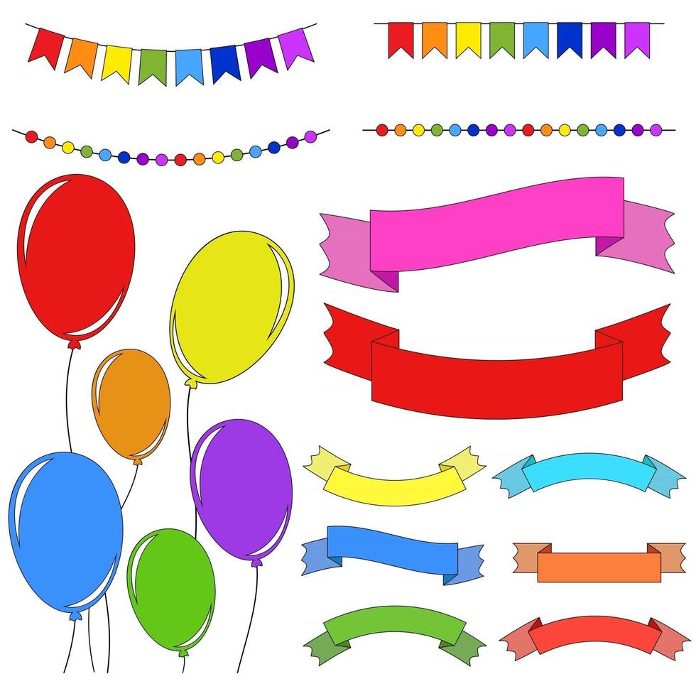set van platte gekleurde geïsoleerde ballonnen aan touwen. slingers en linten banners vector