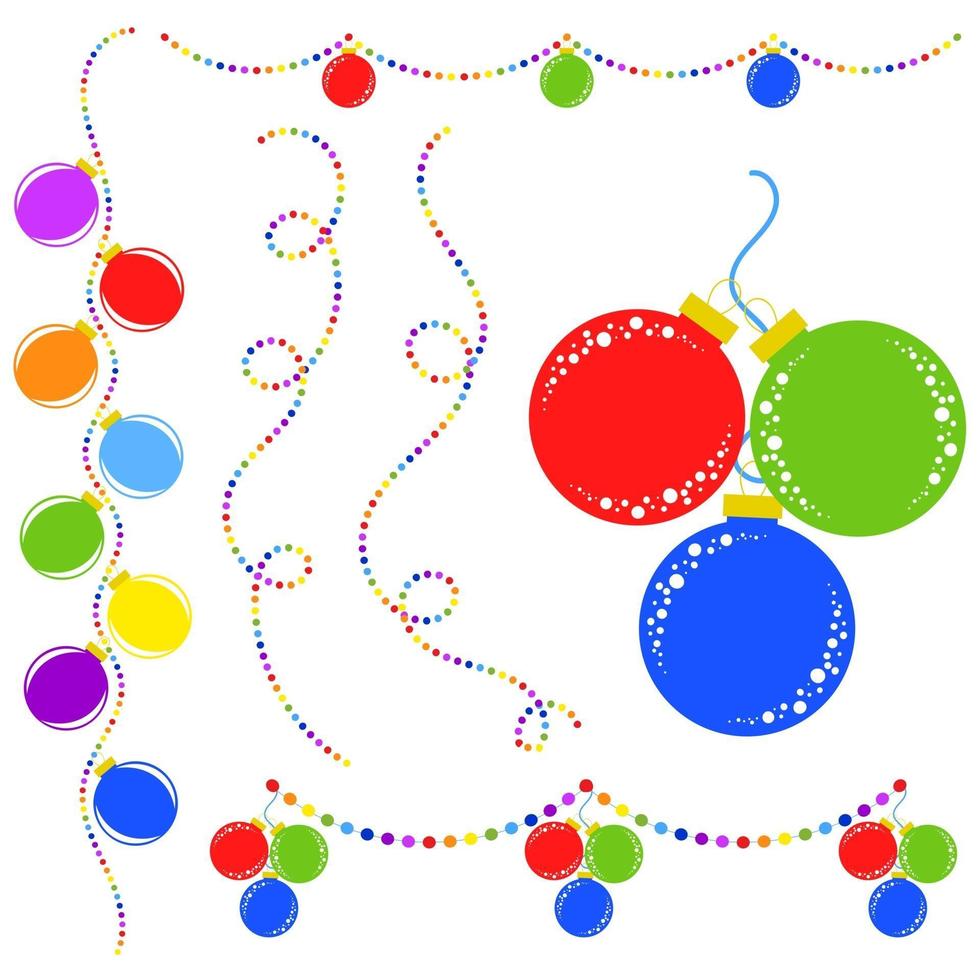 set van plat gekleurd geïsoleerd kerstspeelgoed aan een touw. decoratieballen zijn rood, blauw, groen in een bos. veelkleurige slingers. vector