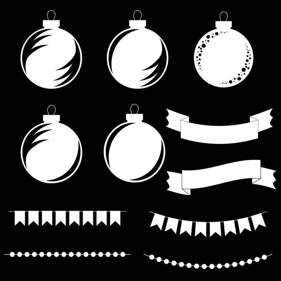 set van platte silhouetten van zwart-wit geïsoleerd kerstspeelgoed. decoratie glazen bollen. linten banners. slingers in de vorm van vlaggen en cirkels. vector