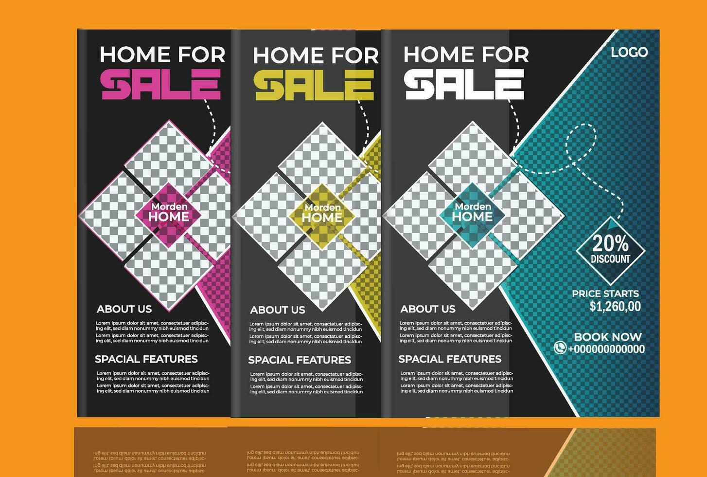bedrijf huis uitverkoop folder ontwerp met vijf beeld achtergrond zwart ontwerp kleuren blauw roze en groen vector
