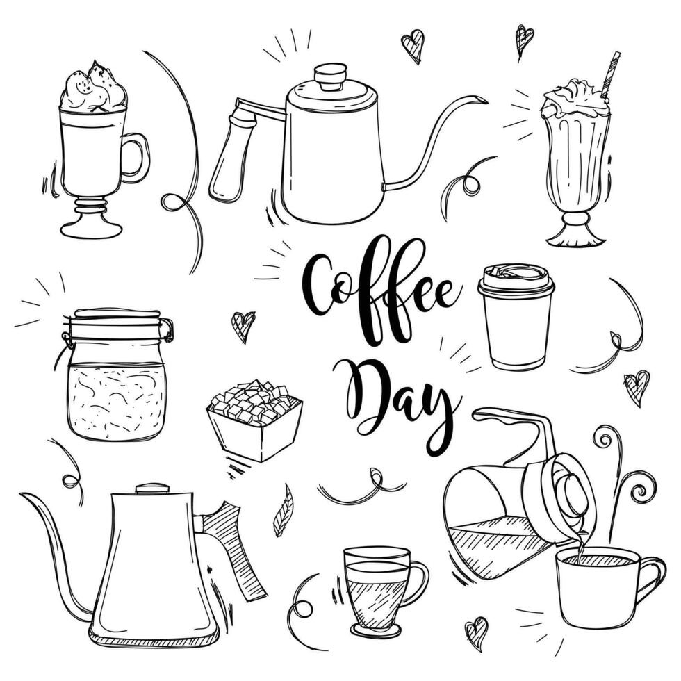 Internationale koffie dag ontwerp met koffie maker gereedschap in hand- getrokken ontwerp vector
