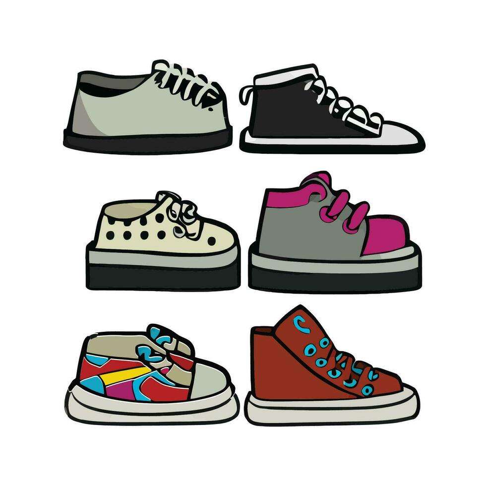 vector illustratie tekenfilm schoenen. hand- getrokken afdrukken met contour. schoenen van modern tieners schaatsers. geïsoleerd Aan wit achtergrond