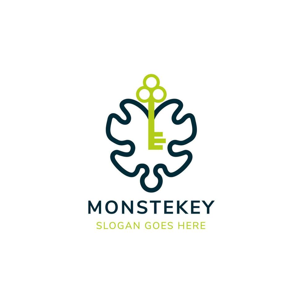 monstera blad sleutel logo ontwerp sjabloon. lijn stijl branding. geïsoleerd Aan wit achtergrond. vector