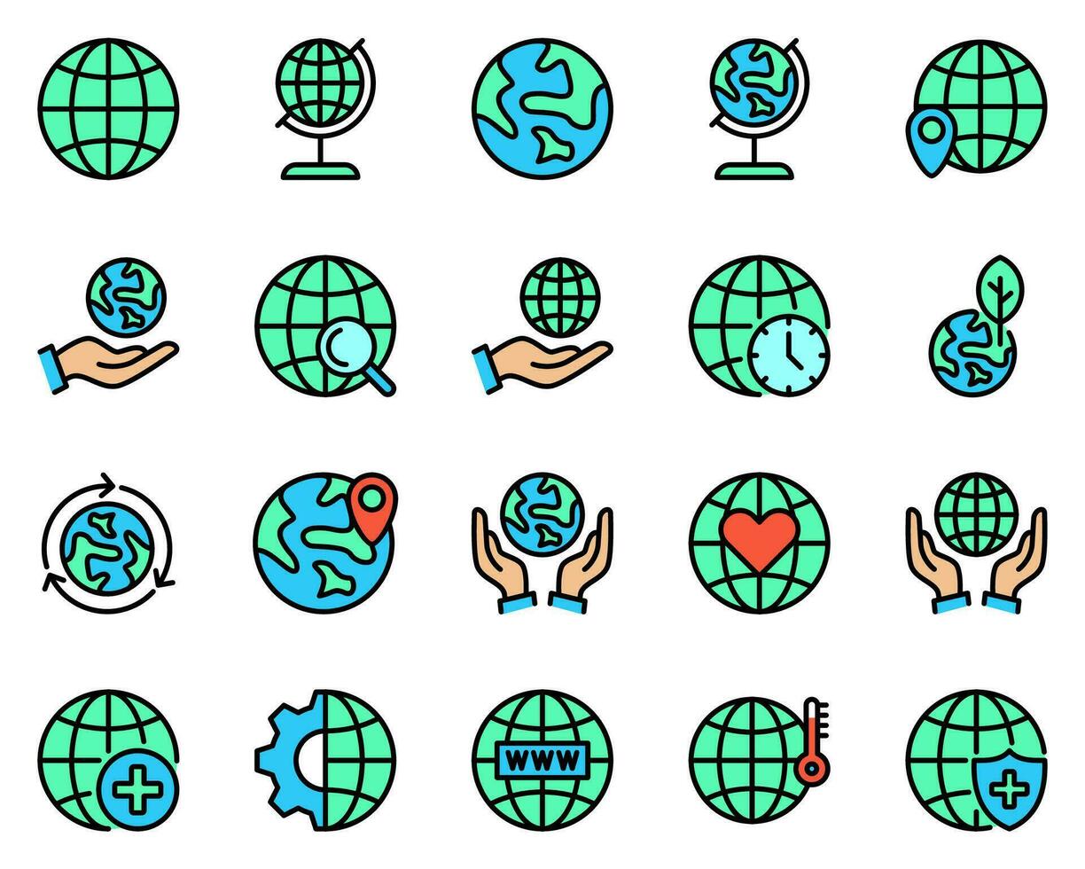 reeks van 20 wereld wereldbol kleur lijn pictogrammen. internetten, GPS, opslaan, netwerk, universeel, kaart, globaal, cartografie, logistiek, planeet, aardrijkskunde vector