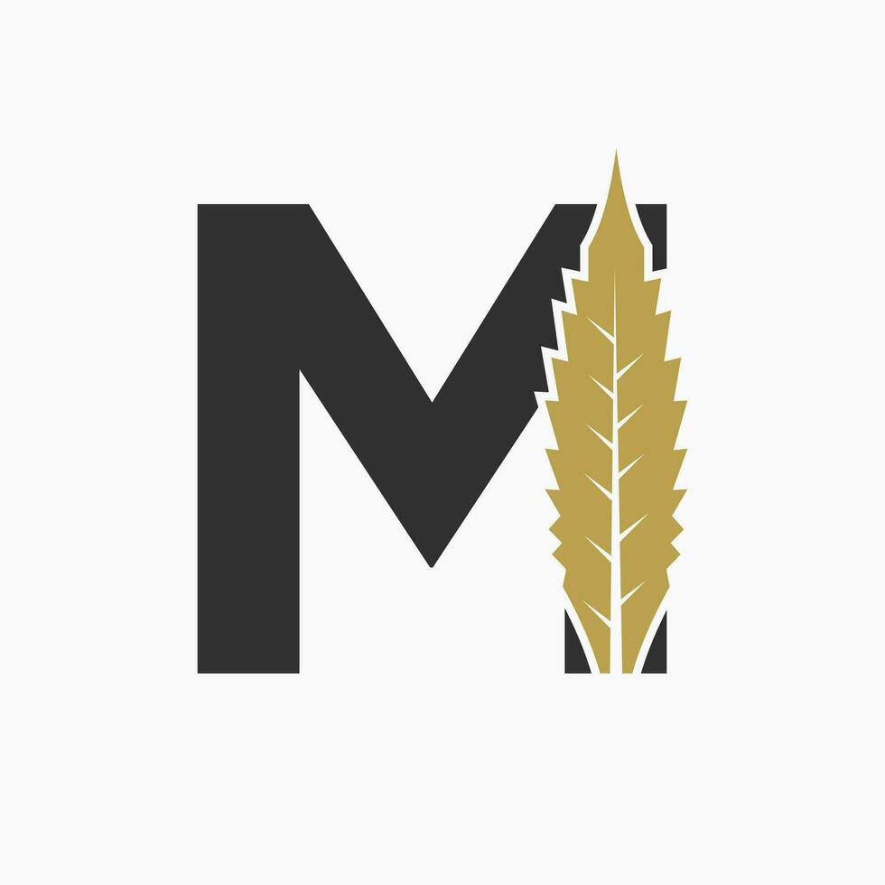 brief m hennep logo concept met marihuana blad icoon vector