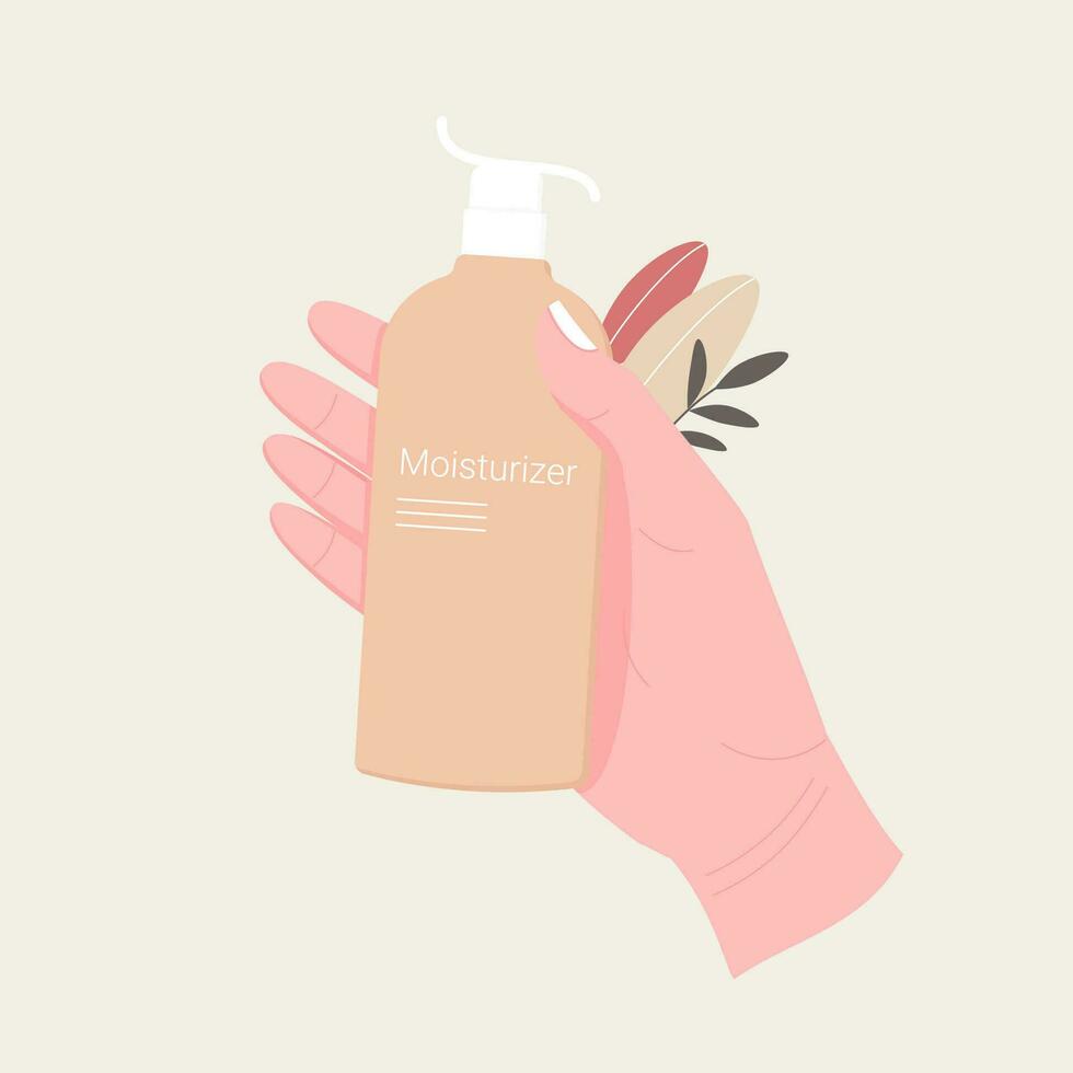 huid zorg en schoonheidsmiddelen concept. hand- houdt buis van lichaam room, schuim, zeep, gel. modieus vlak stijl. vector illustratie.