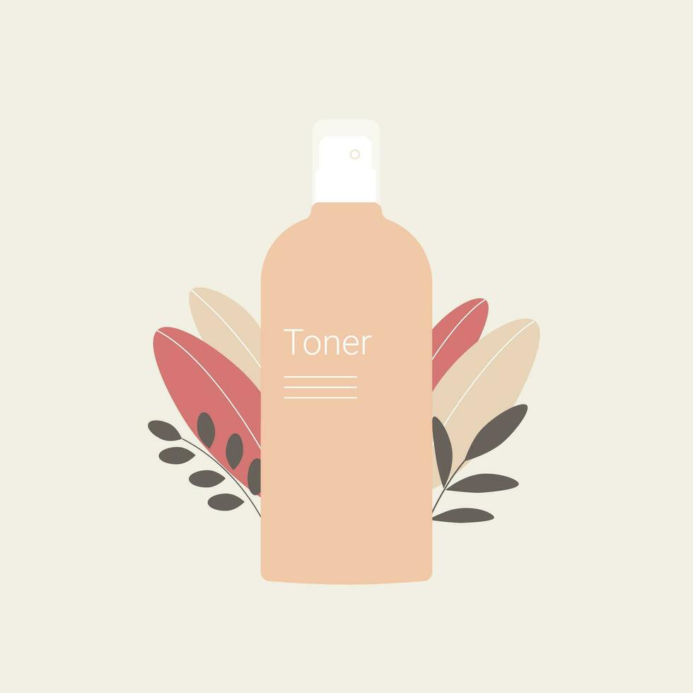 toner met fabriek bladeren. huid zorg en schoonheidsmiddelen ontwerp. modieus vlak stijl. vector illustratie.