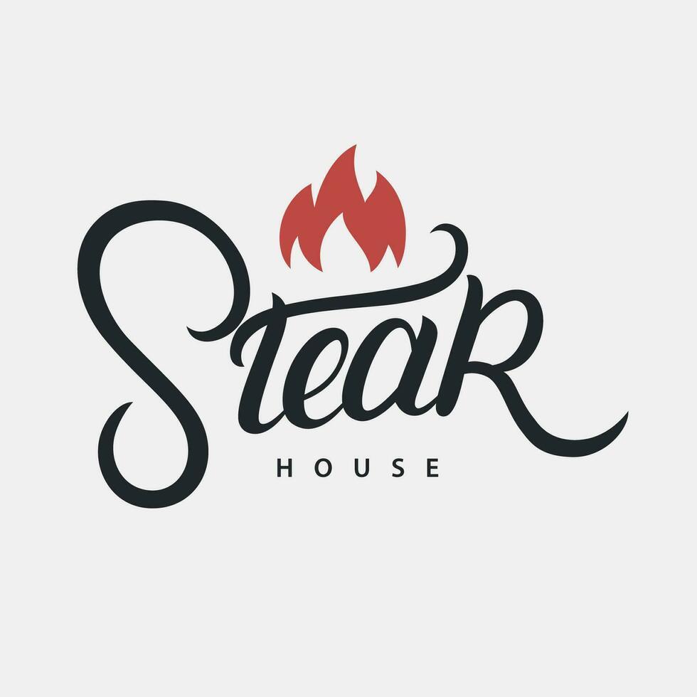 steak huis hand- geschreven belettering logo, label, insigne, teken, embleem voor barbecue, rooster restaurant, steak huis, vlees op te slaan. modern borstel kalligrafie. wijnoogst retro stijl. vector illustratie.