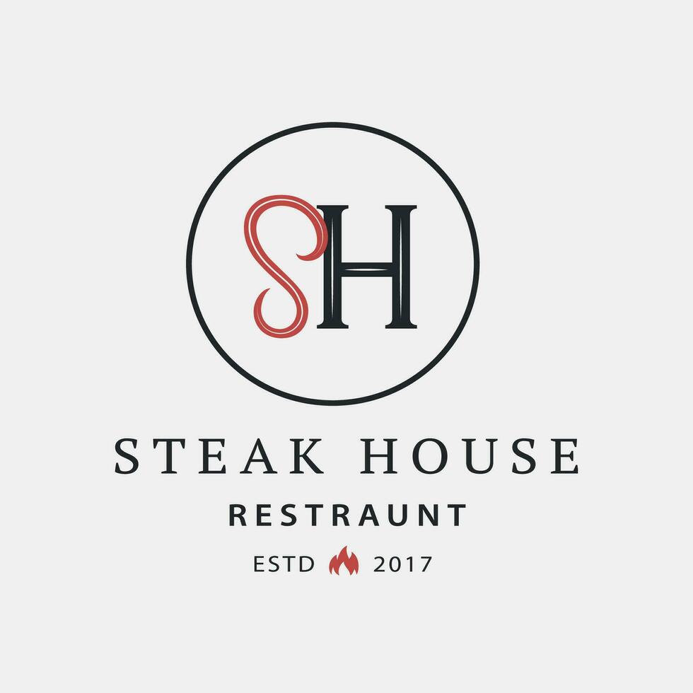 steak huis logo, label, insigne, teken, embleem voor barbecue, rooster restaurant, steak huis, vlees op te slaan. modern borstel kalligrafie. wijnoogst retro stijl. vector illustratie.