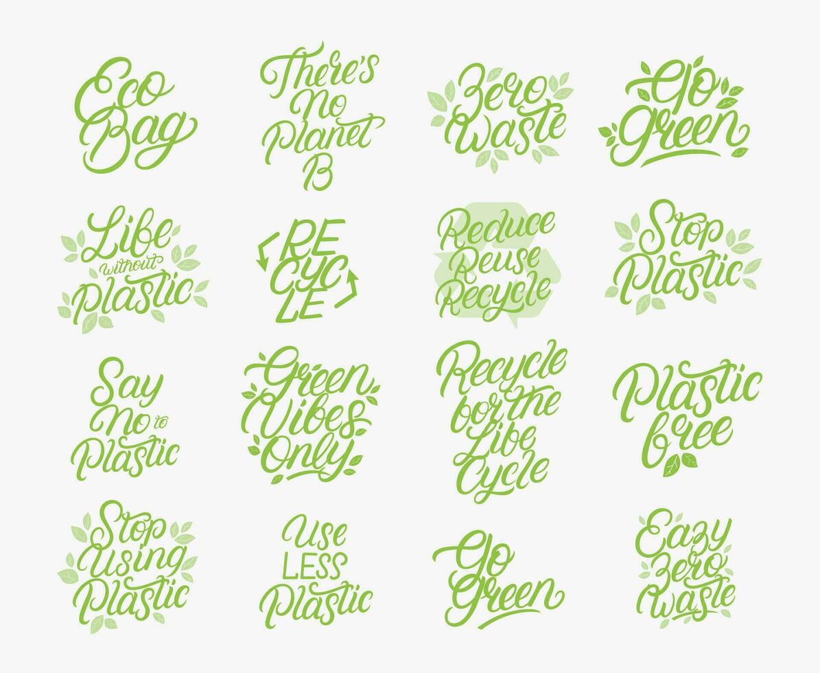 nul afval, eco vriendelijk, plastic vervuiling groot belettering set. modern schoonschrift citaten en zinnen met groen bladeren. vector illustratie.