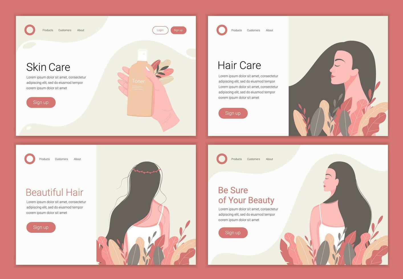 haar, huid zorg concept. mooi vrouw met lang haar. landen bladzijde ontwerp sjabloon voor schoonheid, spa, welzijn, natuurlijk producten, cosmetica, lichaam zorg. vector illustratie.