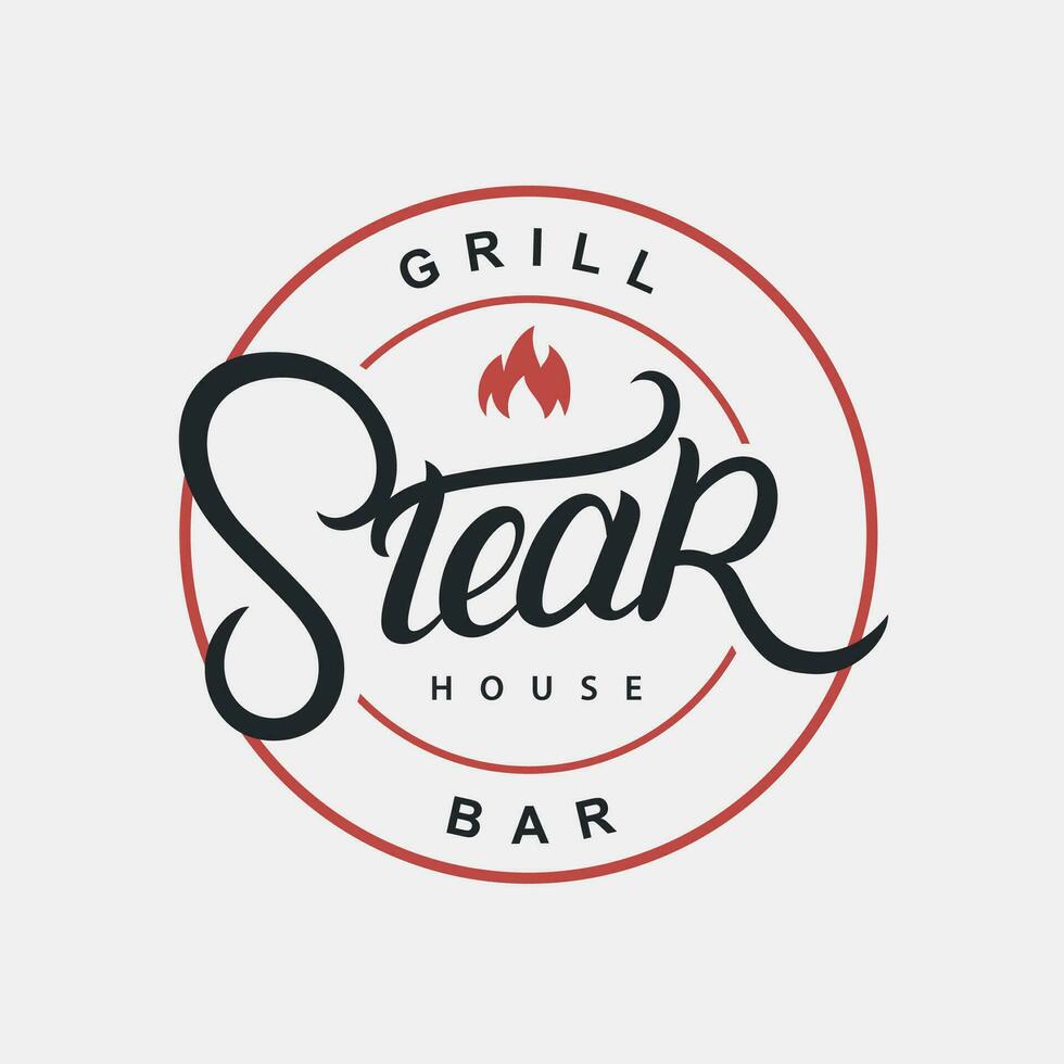 steak huis hand- geschreven belettering logo, label, insigne, teken, embleem voor barbecue, rooster restaurant, steak huis, vlees op te slaan. modern borstel kalligrafie. wijnoogst retro stijl. vector illustratie.