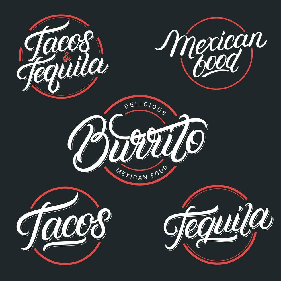 Mexicaans voedsel en drinken tequila, taco's, burrito belettering logo's, etiketten, emblemen, tekens set. gebruik voor Mexicaans restaurant, cafe, tussendoortje bar. wijnoogst retro stijl. modern kalligrafie. vector illustratie.