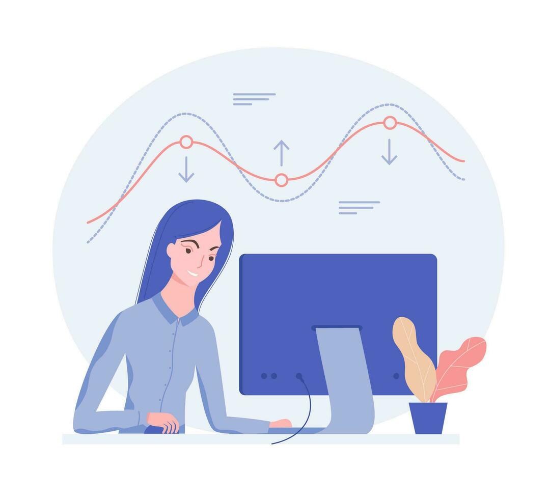 gegevens analyse concept. jong vrouw werken en analyseren financieel statistieken. bedrijf intelligentie- technologie. analyse concept voor web of infographics. modieus vlak stijl. vector illustratie.