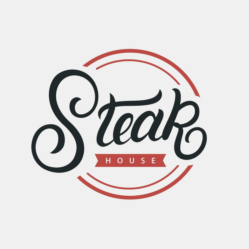 steak huis hand- geschreven belettering logo, label, insigne, teken, embleem voor barbecue, rooster restaurant, steak huis, vlees op te slaan. modern borstel kalligrafie. wijnoogst retro stijl. vector illustratie.