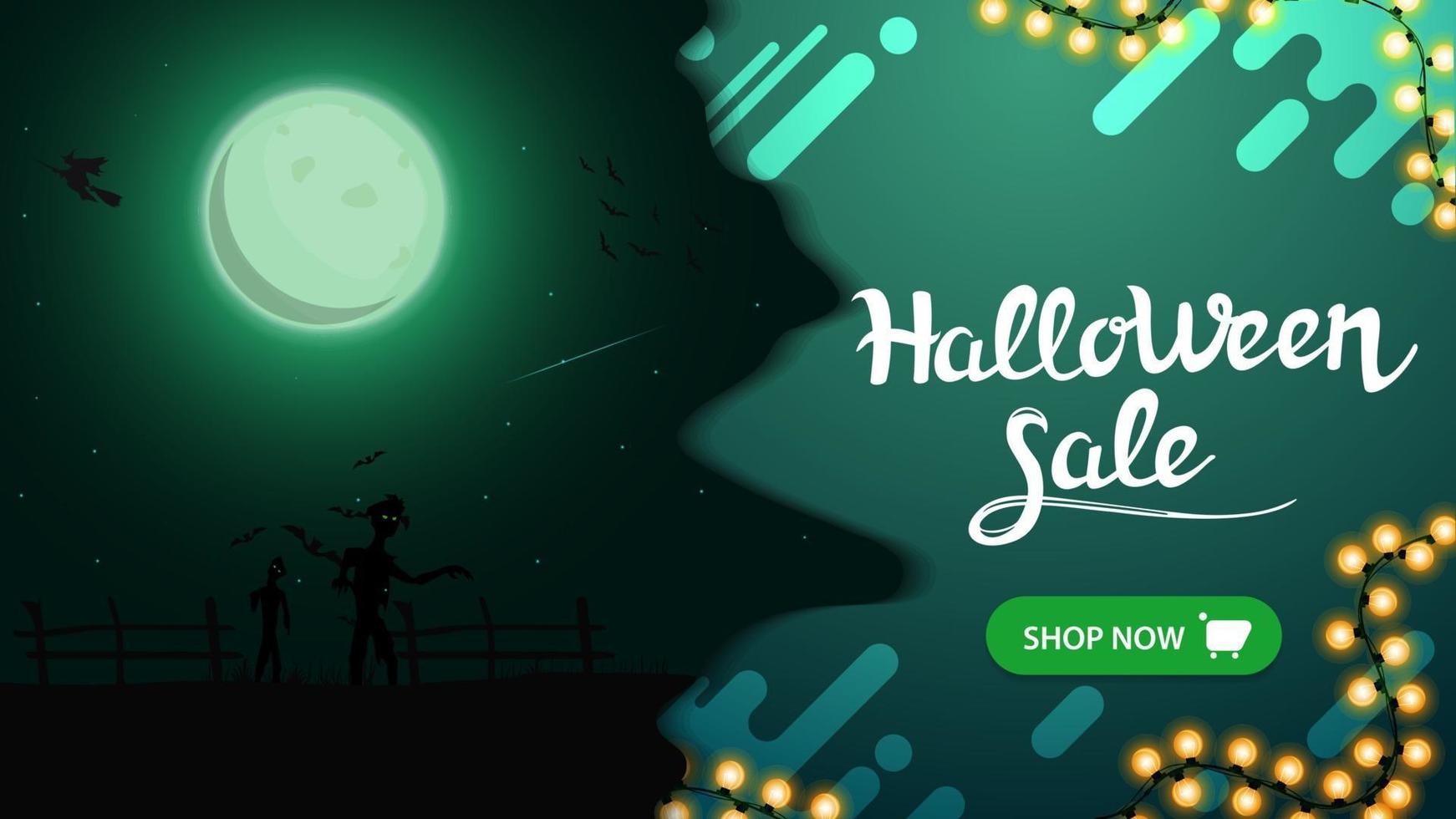 halloween-uitverkoop, moderne groene banner voor website met prachtig nachtlandschap vector