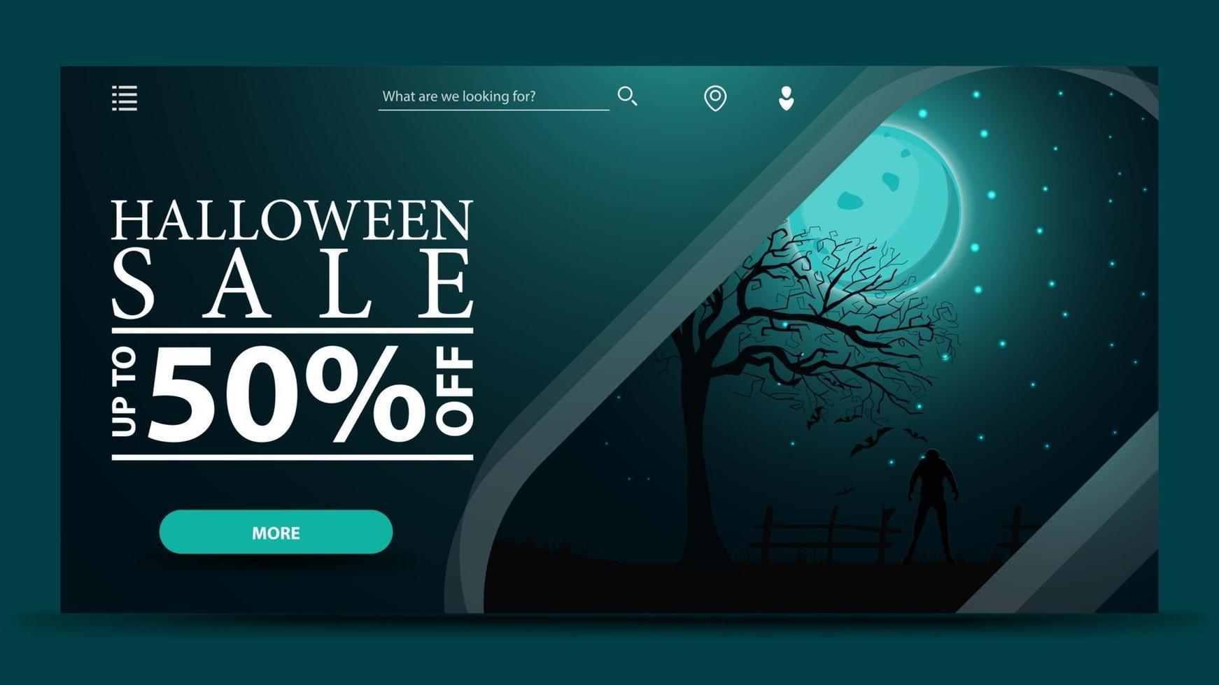 halloween-uitverkoop, horizontale kortingsbanner met nachtlandschap. kortingsbanner met modern donker ontwerp voor uw website. vector
