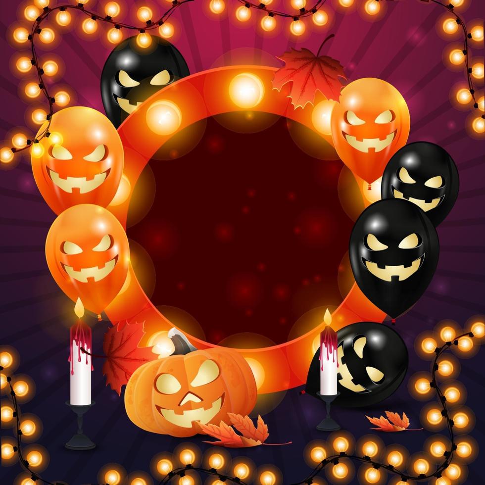 happy halloween, vierkante paarse sjabloon met helloween-ballons, jack-pompoen en slinger. stijlvolle sjabloon voor uw creativiteit vector