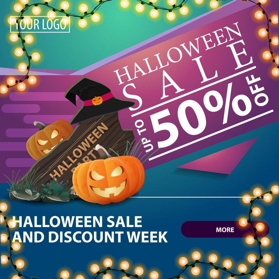 Halloween-uitverkoop en kortingsweek, vierkante kortingsbanner met houten bord, heksenhoed en pompoenhefboom vector