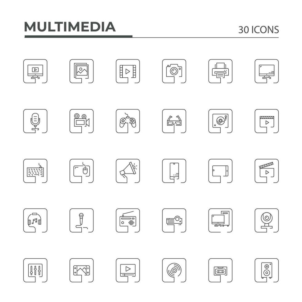 multimedia plein lijn pictogrammen reeks vector