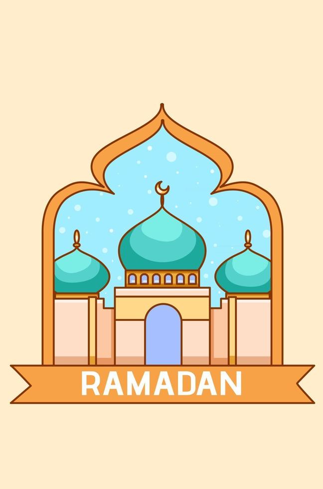 kleine moskee in ramadan mubarak cartoon afbeelding vector