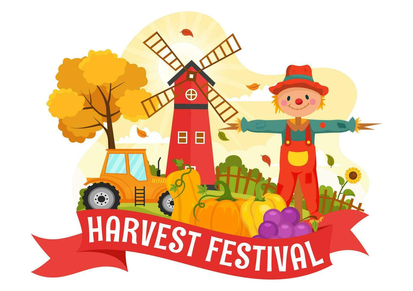 gelukkig oogst festival vector illustratie van herfst seizoen achtergrond met pompoenen, esdoorn- bladeren, fruit of groenten in vlak tekenfilm Sjablonen