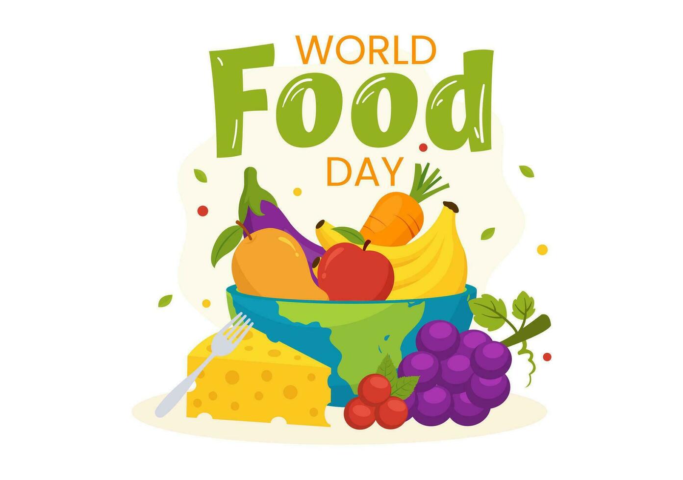 wereld voedsel dag vector illustratie Aan 16 oktober met divers voedsel, fruit en groente in vlak tekenfilm hand- getrokken achtergrond Sjablonen